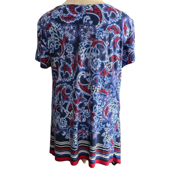 Ruby Rd Shirt Womens Large Blue Red Paisley Beaded Scoop Neck Short Sleeve Top - Picture 2 of 7